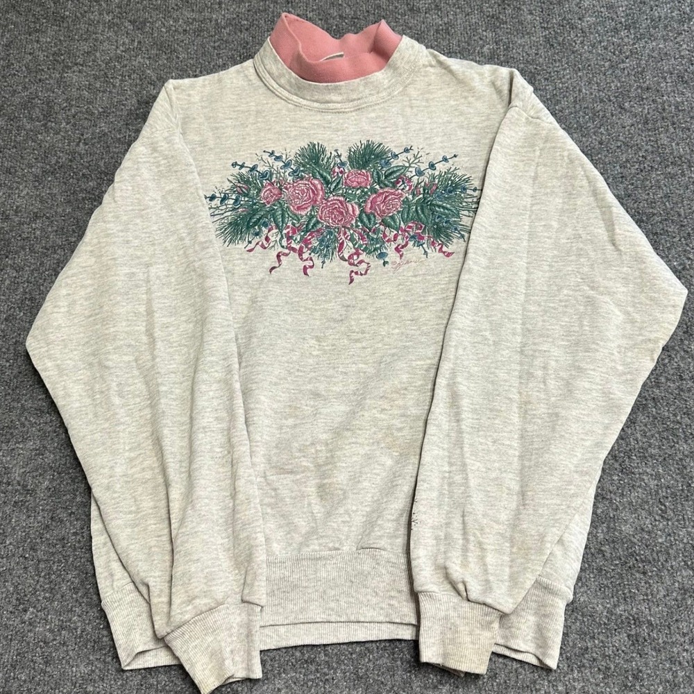 Morning Sun Sweatshirt Womens Size M Grey Mock Neck Floral Graphic Vintage USA